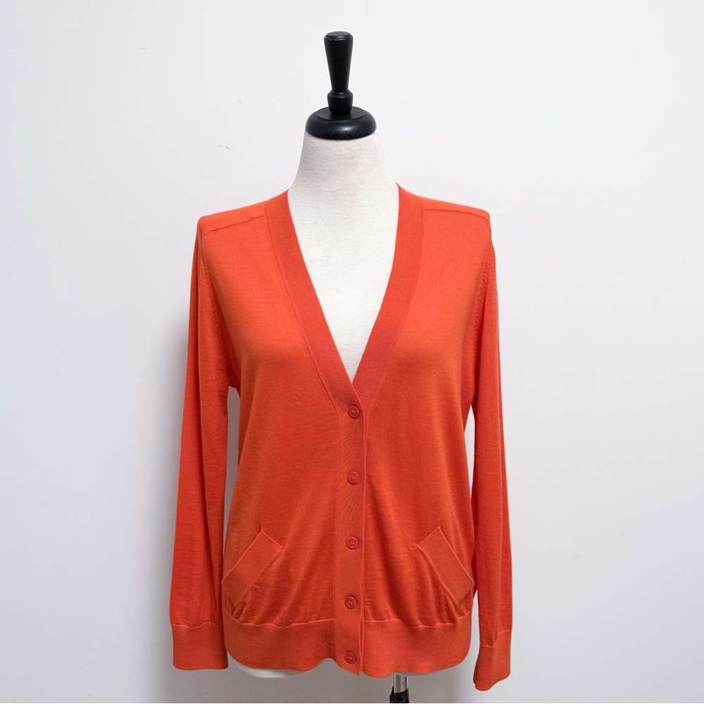COS Orange Silk Merino Wool V Neck Button Long Sleeve Lightweight Cardigan Large